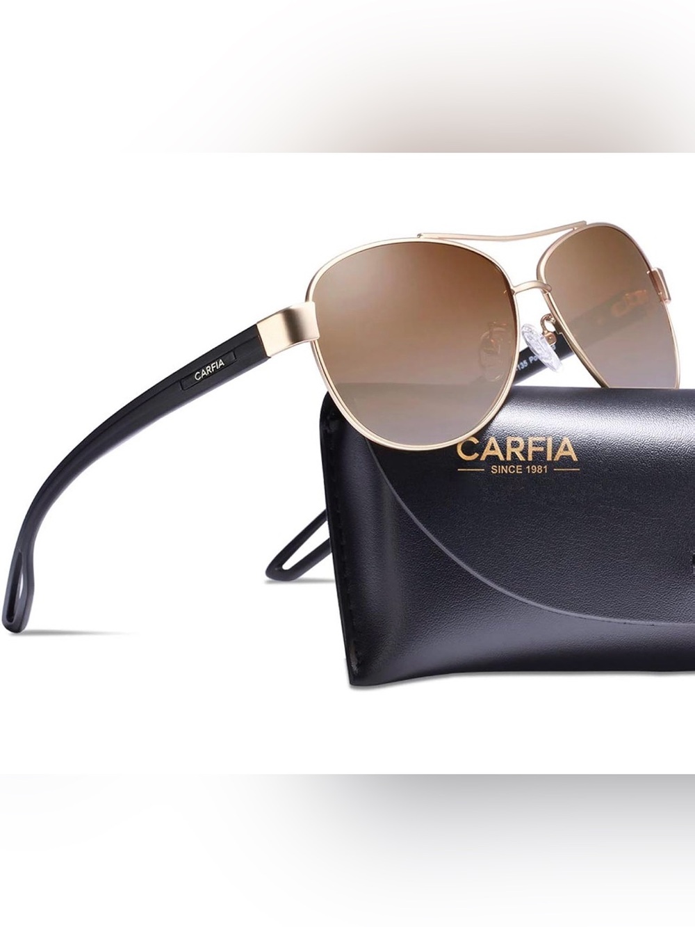 CARFIA Gold Aviator Sunglasses Brown Lenses Black Arms